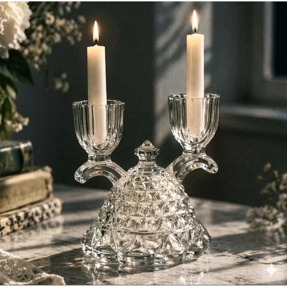 Vintage IMPERIAL Katy Clear Glass Double Candle Holder Lace Edge 4½
